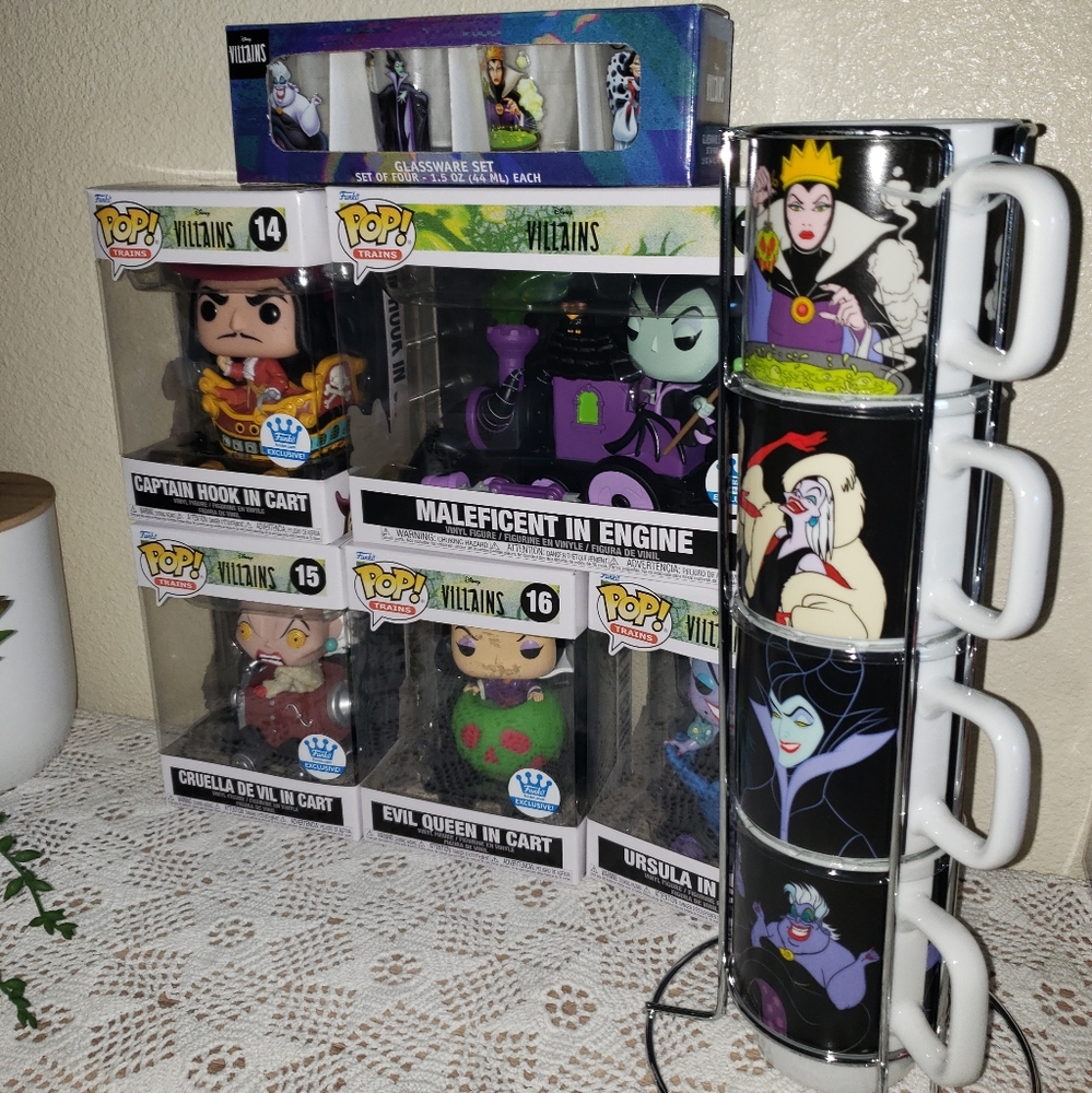 Disney Villains set of 4 mugs, set of 5 Pop! Trains and 4, 1.5 oz glass.